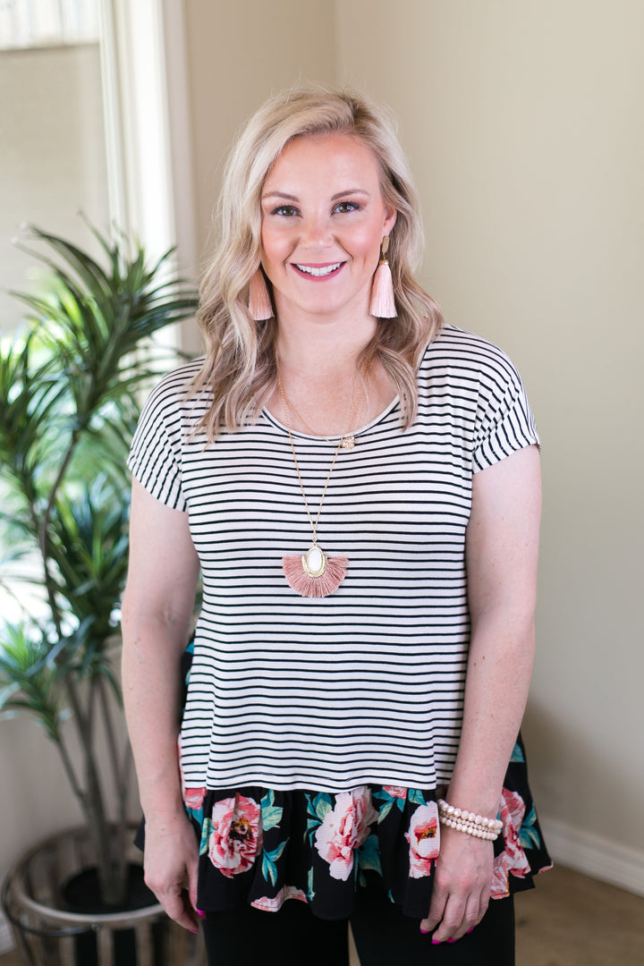 Well Balanced Stripe & Floral Ruffle Tunic in Black - Giddy Up Glamour Boutique
