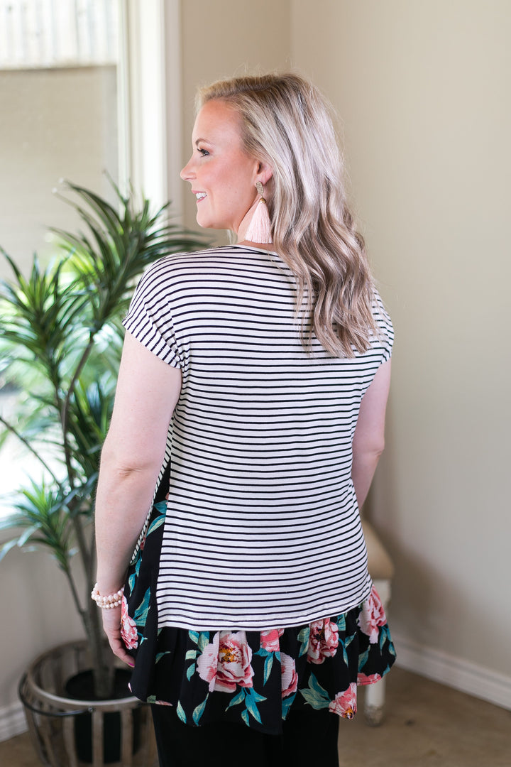 Well Balanced Stripe & Floral Ruffle Tunic in Black - Giddy Up Glamour Boutique