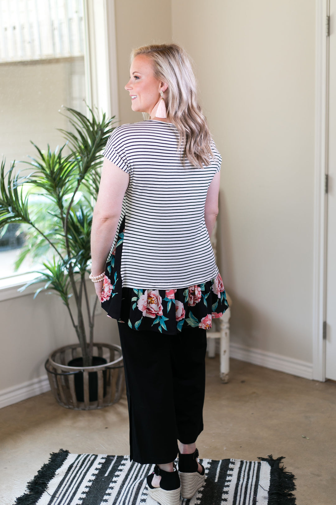 Well Balanced Stripe & Floral Ruffle Tunic in Black - Giddy Up Glamour Boutique
