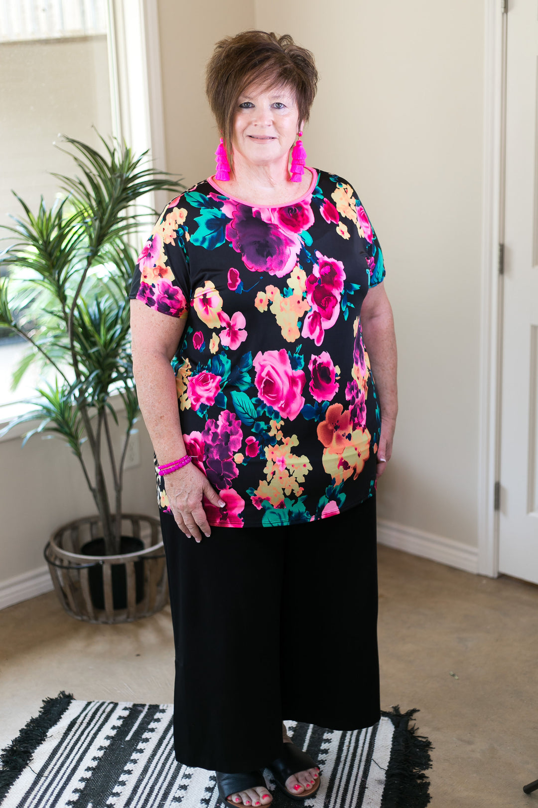 Got Your Back Neon Floral Short Sleeve Top with Leopard Print Open Back - Giddy Up Glamour Boutique