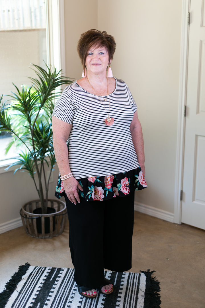 Well Balanced Stripe & Floral Ruffle Tunic in Black - Giddy Up Glamour Boutique