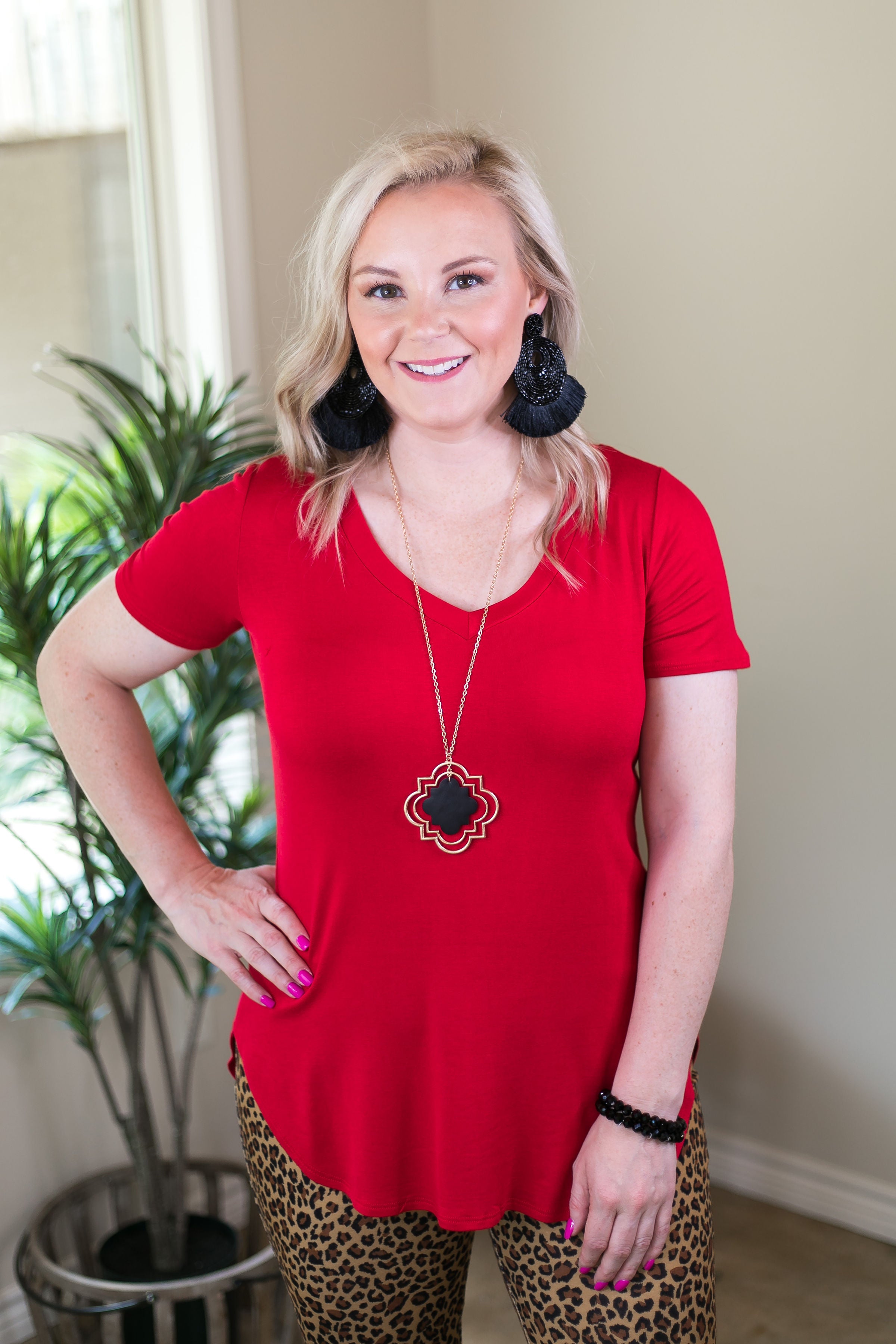 Simply The Best V Neck Short Sleeve Tee Shirt in Red - Giddy Up Glamour Boutique