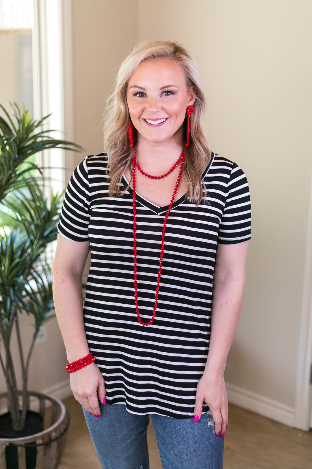 Simply The Best Striped V Neck Short Sleeve Tee Shirt in Black - Giddy Up Glamour Boutique
