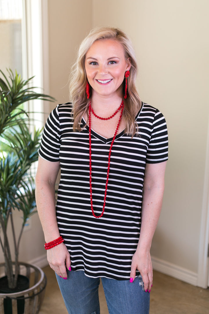 Simply The Best Striped V Neck Short Sleeve Tee Shirt in Black - Giddy Up Glamour Boutique
