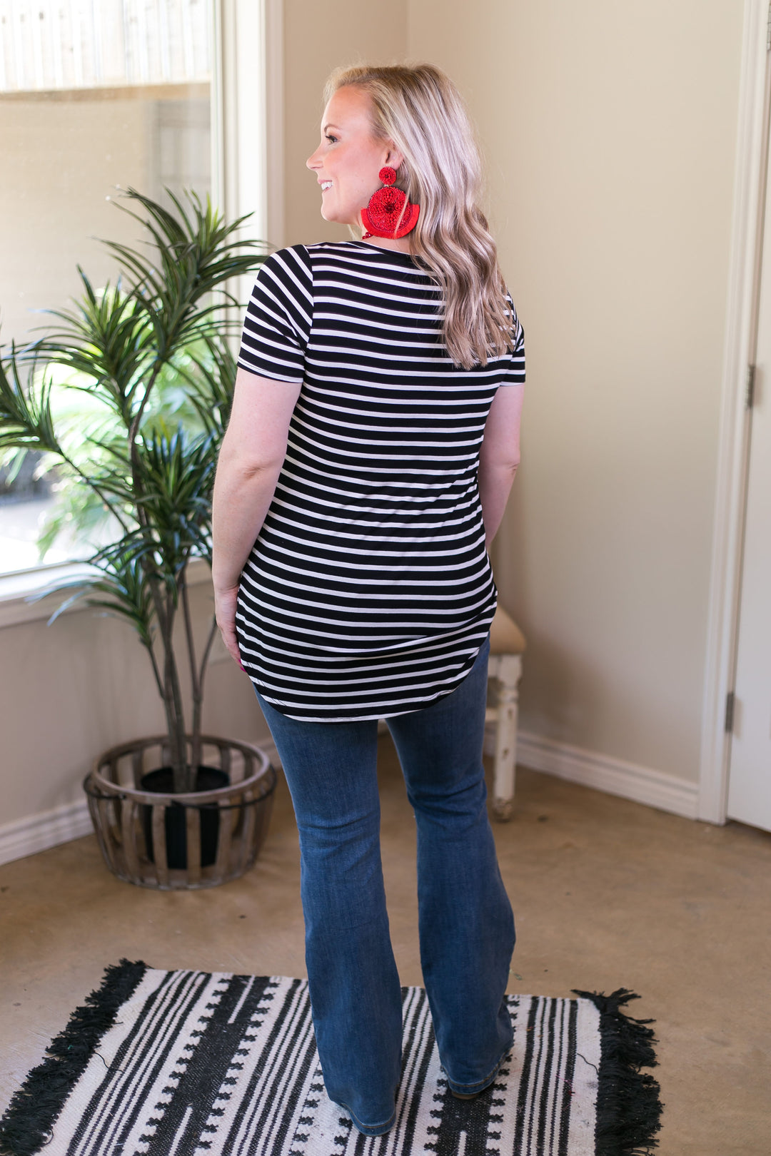 Simply The Best Striped V Neck Short Sleeve Tee Shirt in Black - Giddy Up Glamour Boutique