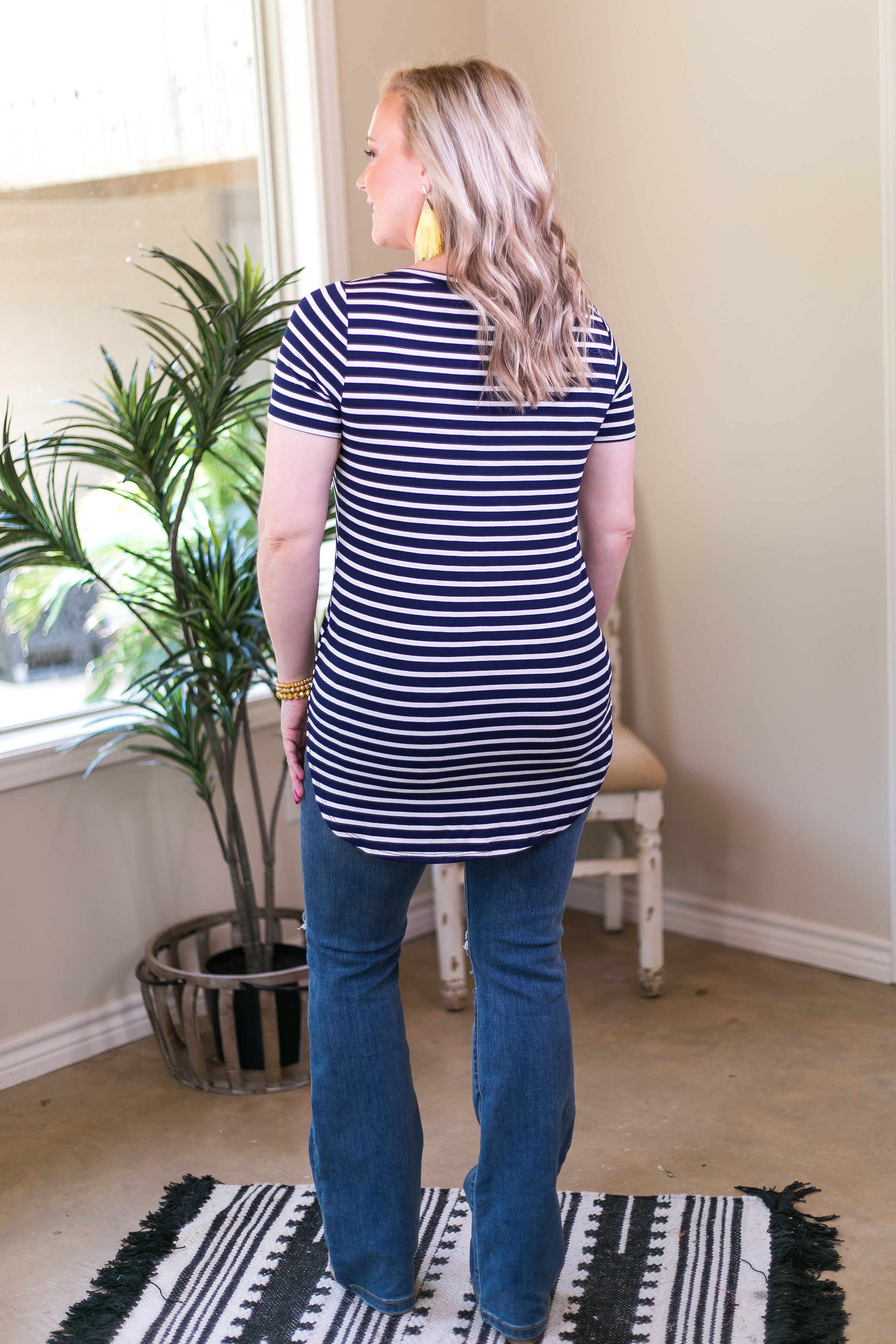Simply The Best Striped V Neck Short Sleeve Tee Shirt in Navy Blue - Giddy Up Glamour Boutique