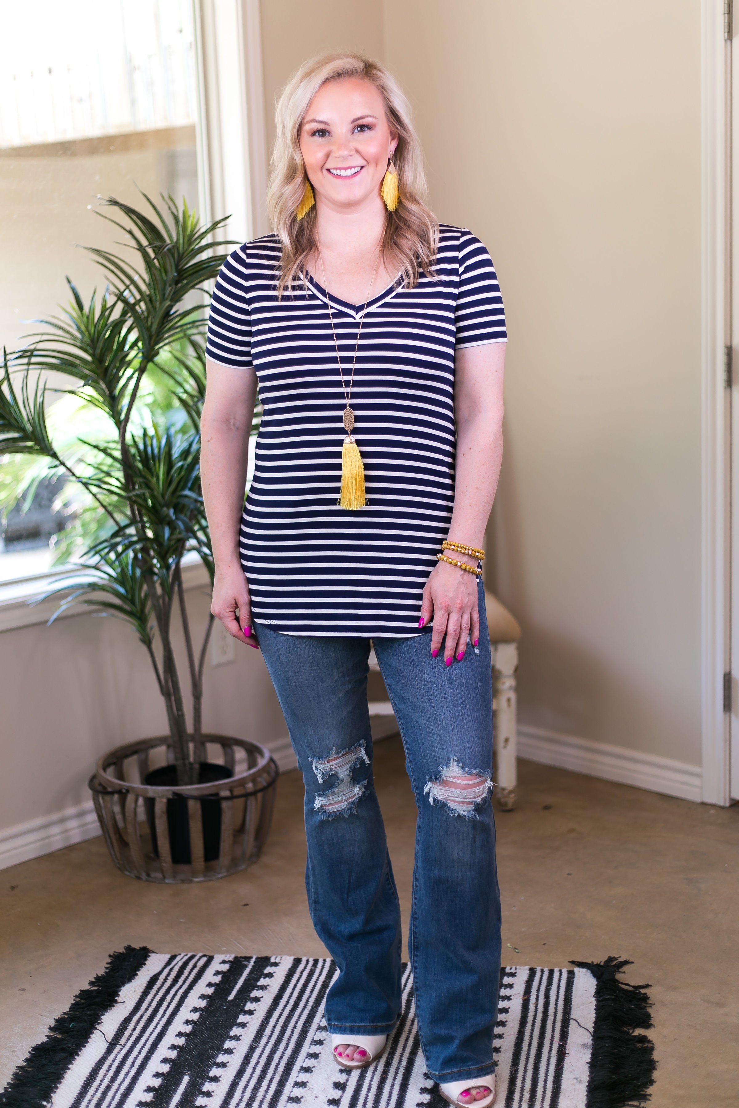 Simply The Best Striped V Neck Short Sleeve Tee Shirt in Navy Blue - Giddy Up Glamour Boutique