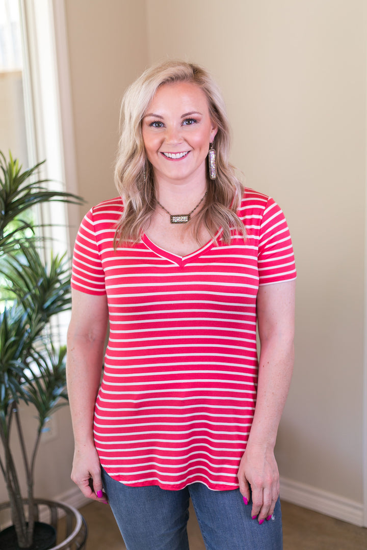 Simply The Best Striped V Neck Short Sleeve Tee Shirt in Coral Pink - Giddy Up Glamour Boutique