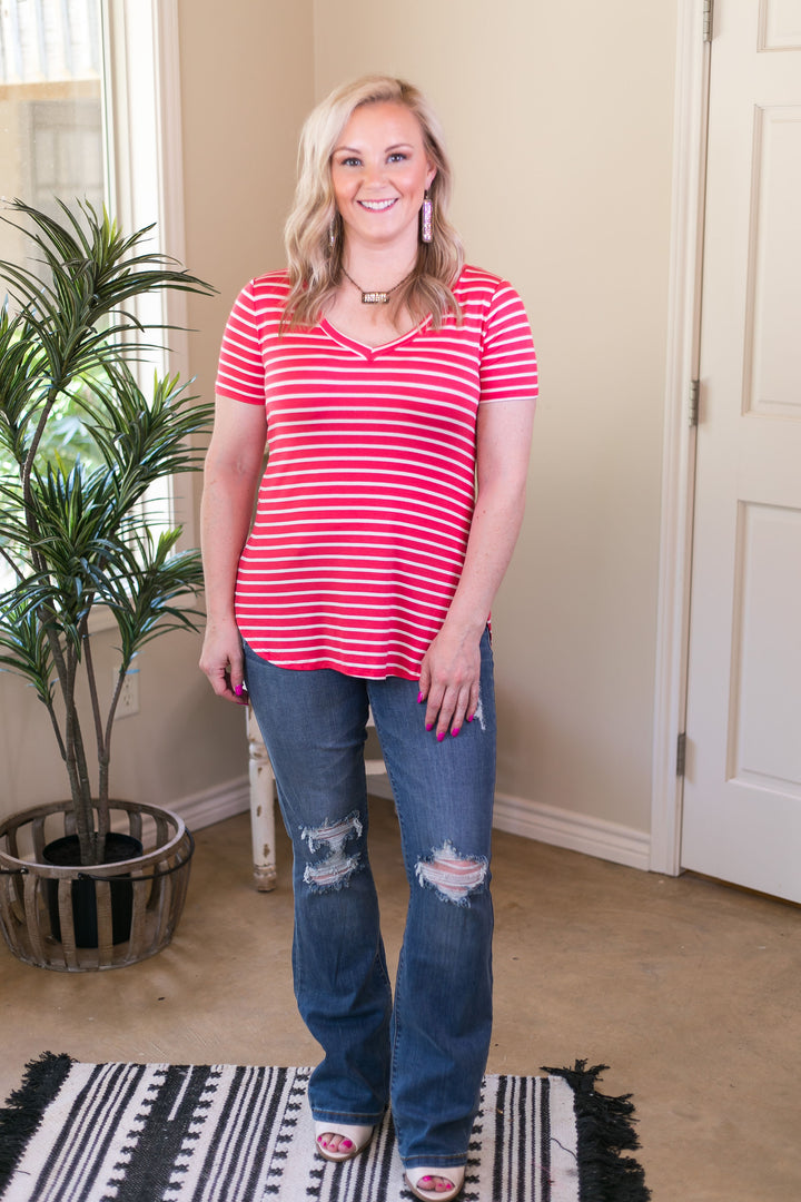 Simply The Best Striped V Neck Short Sleeve Tee Shirt in Coral Pink - Giddy Up Glamour Boutique