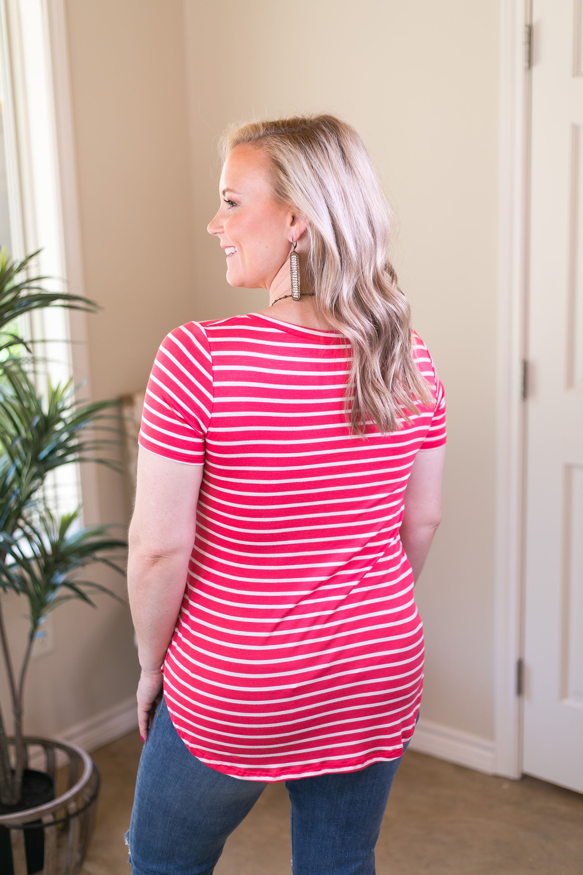 Simply The Best Striped V Neck Short Sleeve Tee Shirt in Coral Pink - Giddy Up Glamour Boutique