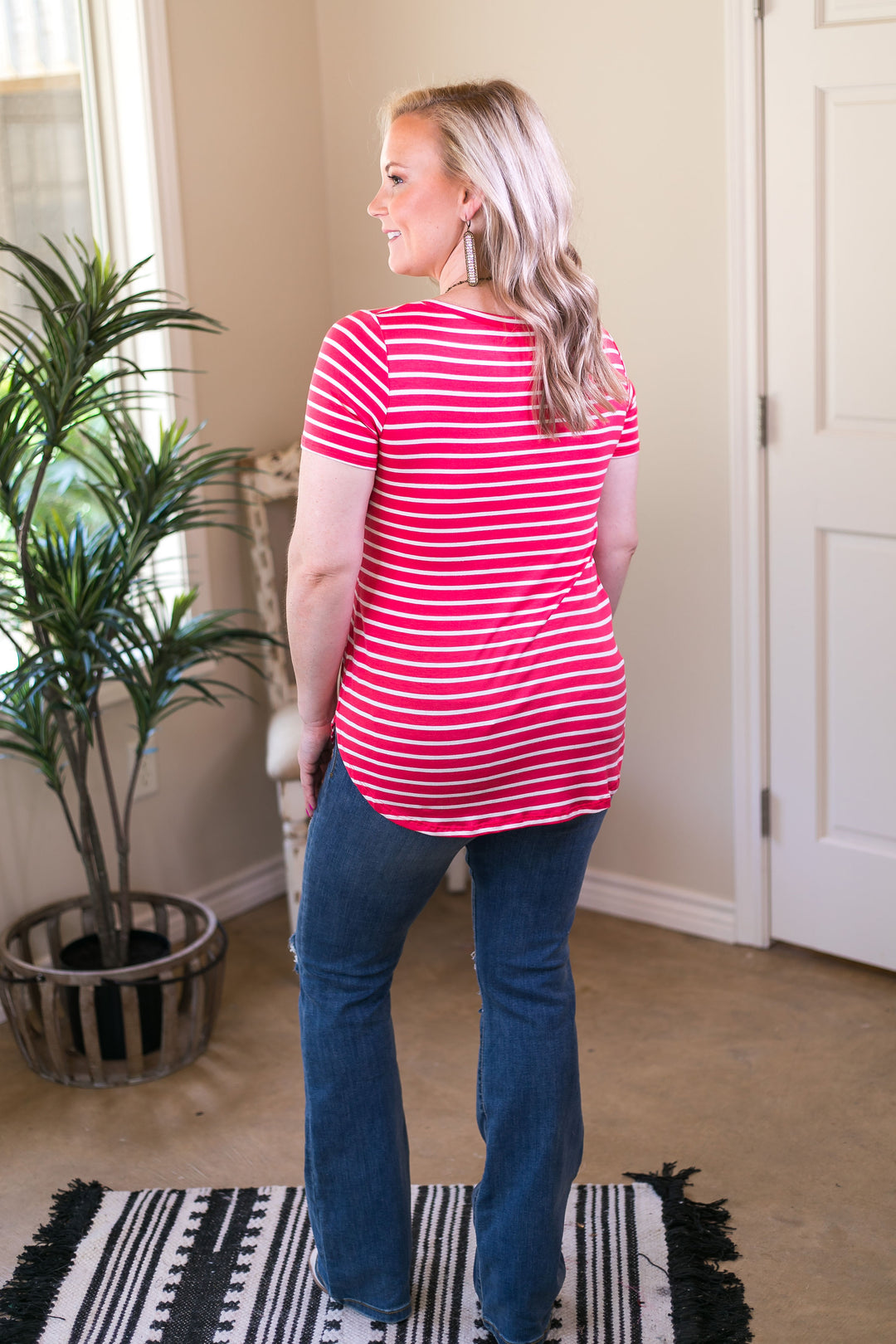 Simply The Best Striped V Neck Short Sleeve Tee Shirt in Coral Pink - Giddy Up Glamour Boutique
