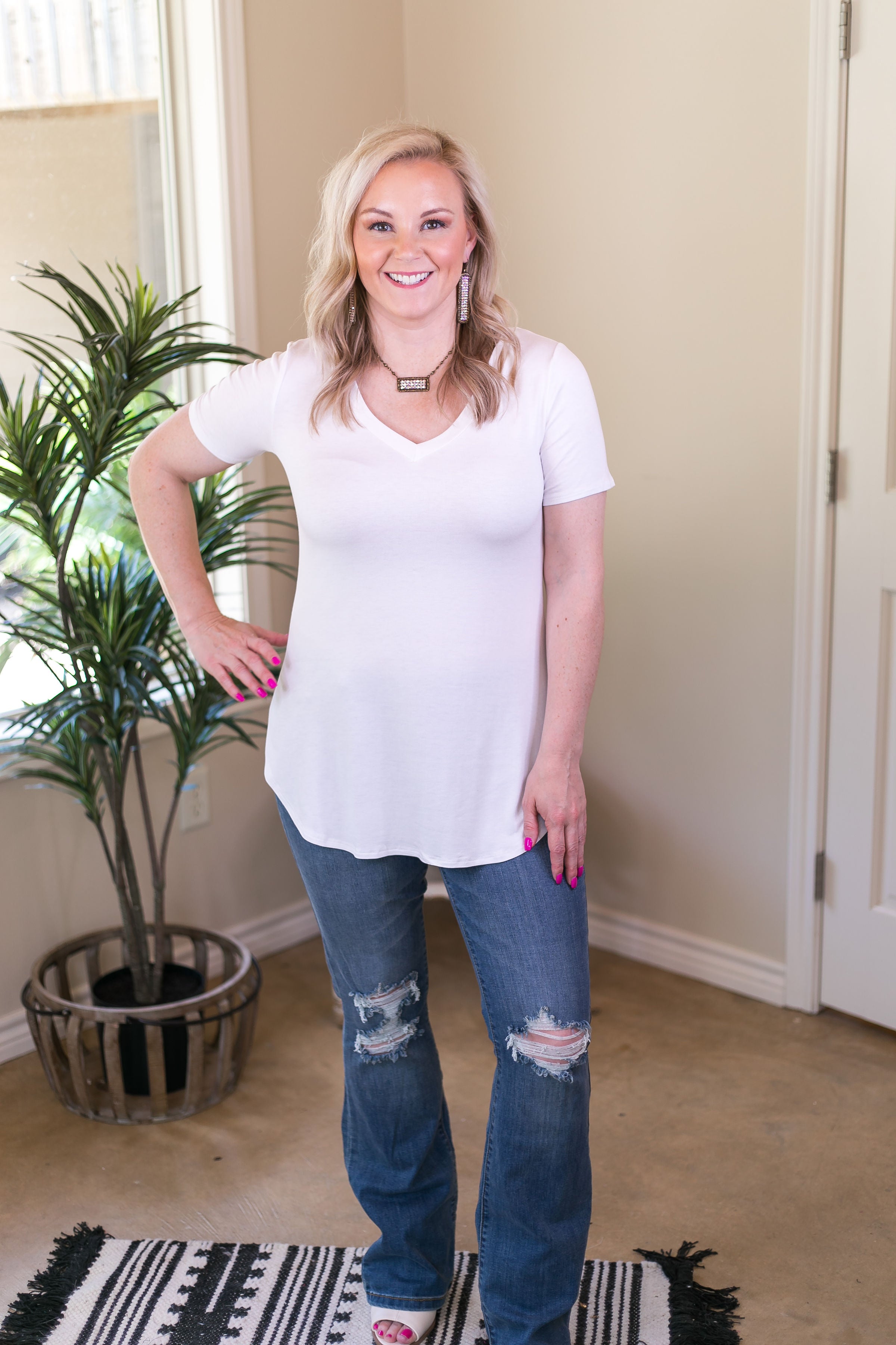 Simply The Best V Neck Short Sleeve Tee Shirt in White - Giddy Up Glamour Boutique