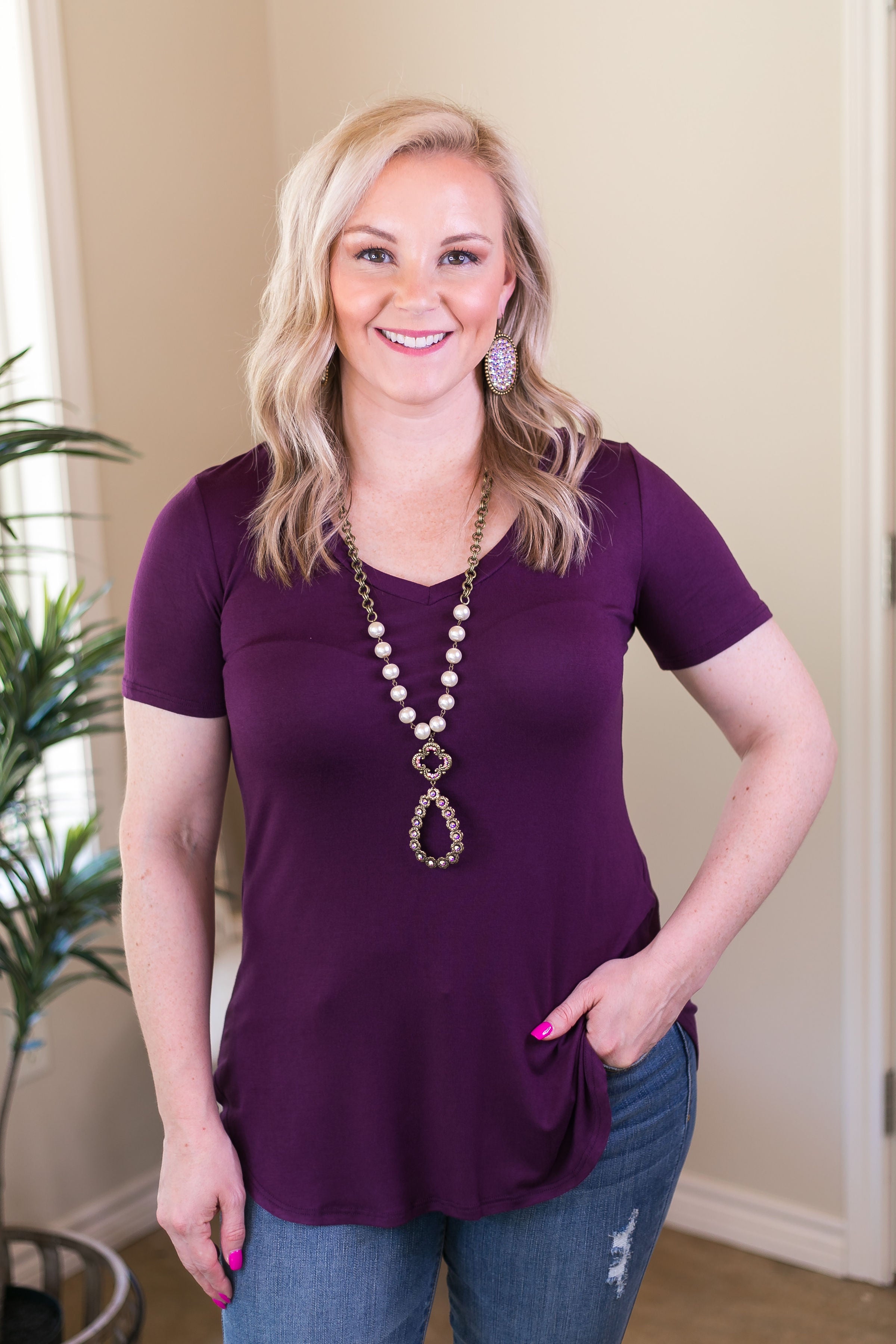 Simply The Best V Neck Short Sleeve Tee Shirt in Purple - Giddy Up Glamour Boutique