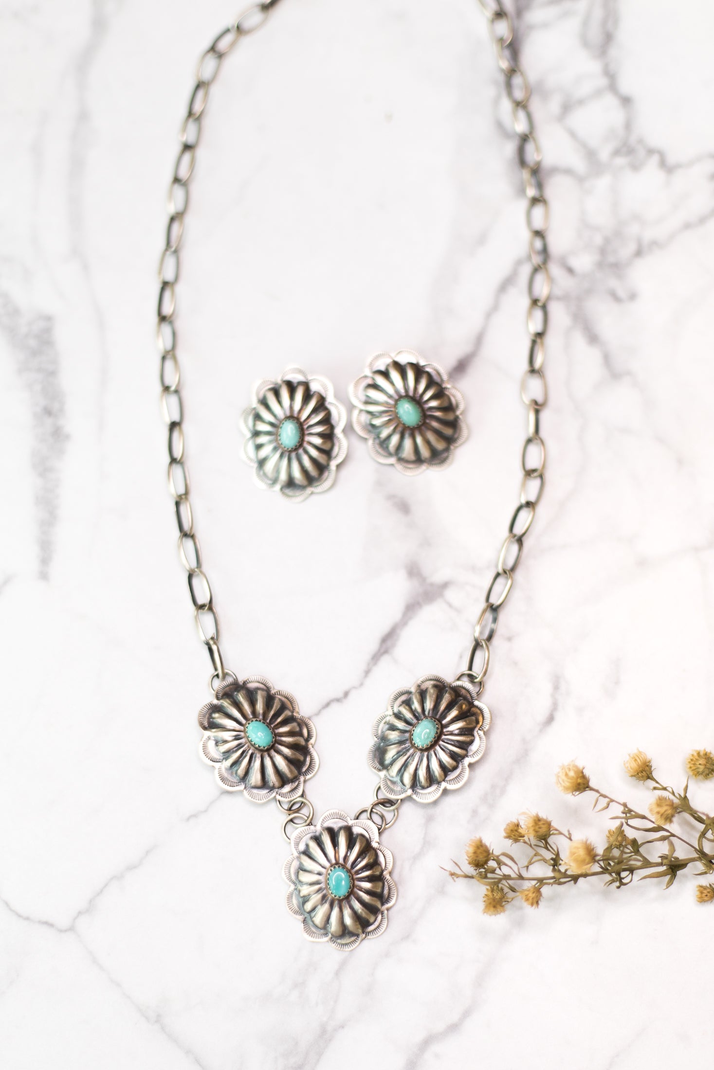 Navajo | Navajo Handmade Sterling Silver Chain Necklace with Sterling Conchos and Turquoise Cabochon - Giddy Up Glamour Boutique