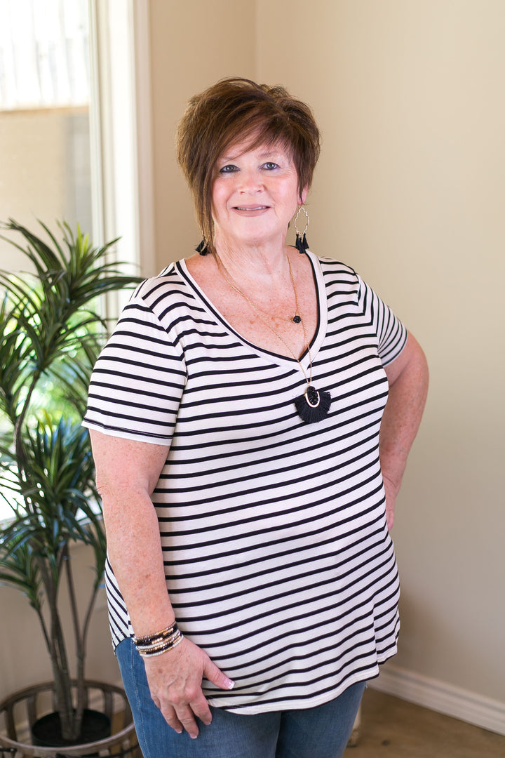 Simply The Best Striped V Neck Short Sleeve Tee Shirt in Ivory - Giddy Up Glamour Boutique