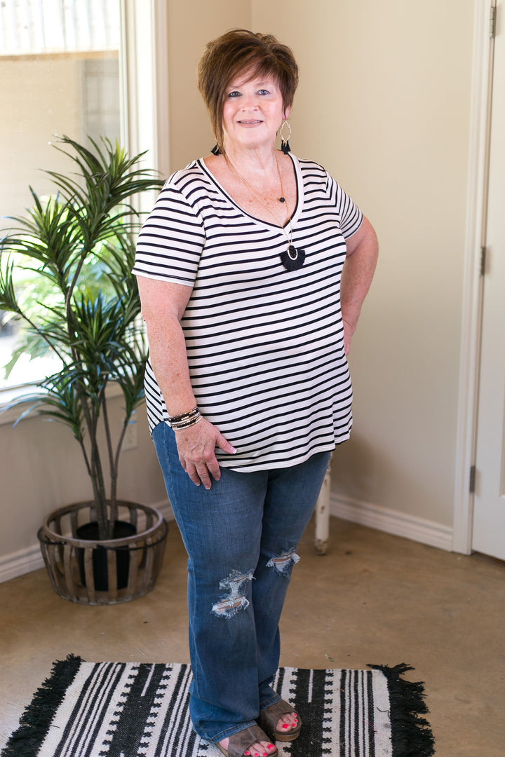 Simply The Best Striped V Neck Short Sleeve Tee Shirt in Ivory - Giddy Up Glamour Boutique