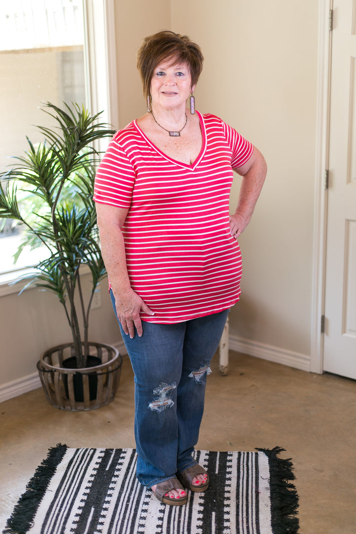 Simply The Best Striped V Neck Short Sleeve Tee Shirt in Coral Pink - Giddy Up Glamour Boutique