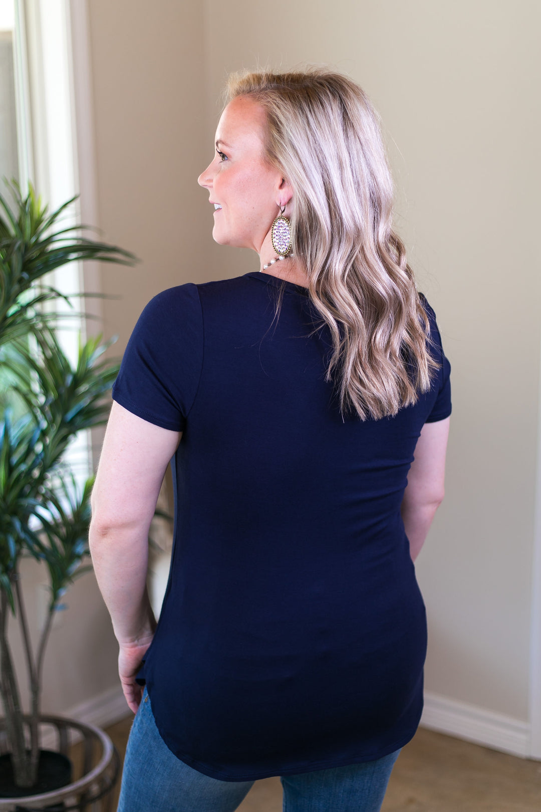 Simply The Best V Neck Short Sleeve Tee Shirt in Navy Blue - Giddy Up Glamour Boutique