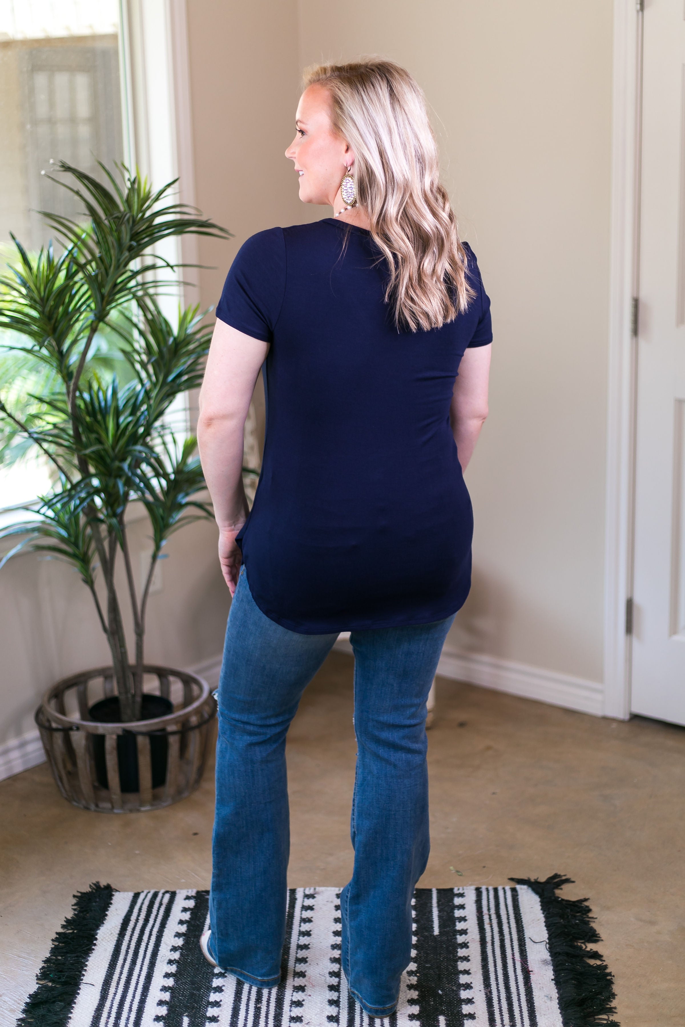 Simply The Best V Neck Short Sleeve Tee Shirt in Navy Blue - Giddy Up Glamour Boutique