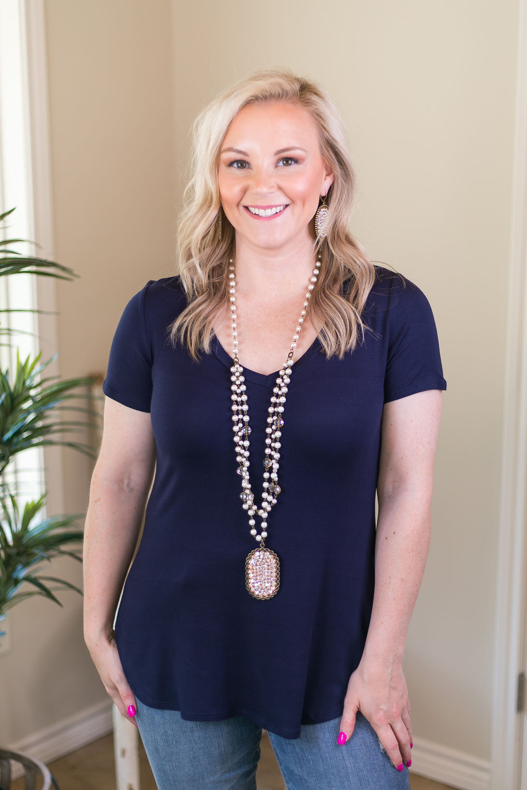 Simply The Best V Neck Short Sleeve Tee Shirt in Navy Blue - Giddy Up Glamour Boutique