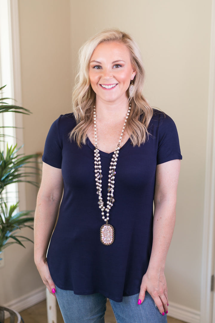 Simply The Best V Neck Short Sleeve Tee Shirt in Navy Blue - Giddy Up Glamour Boutique