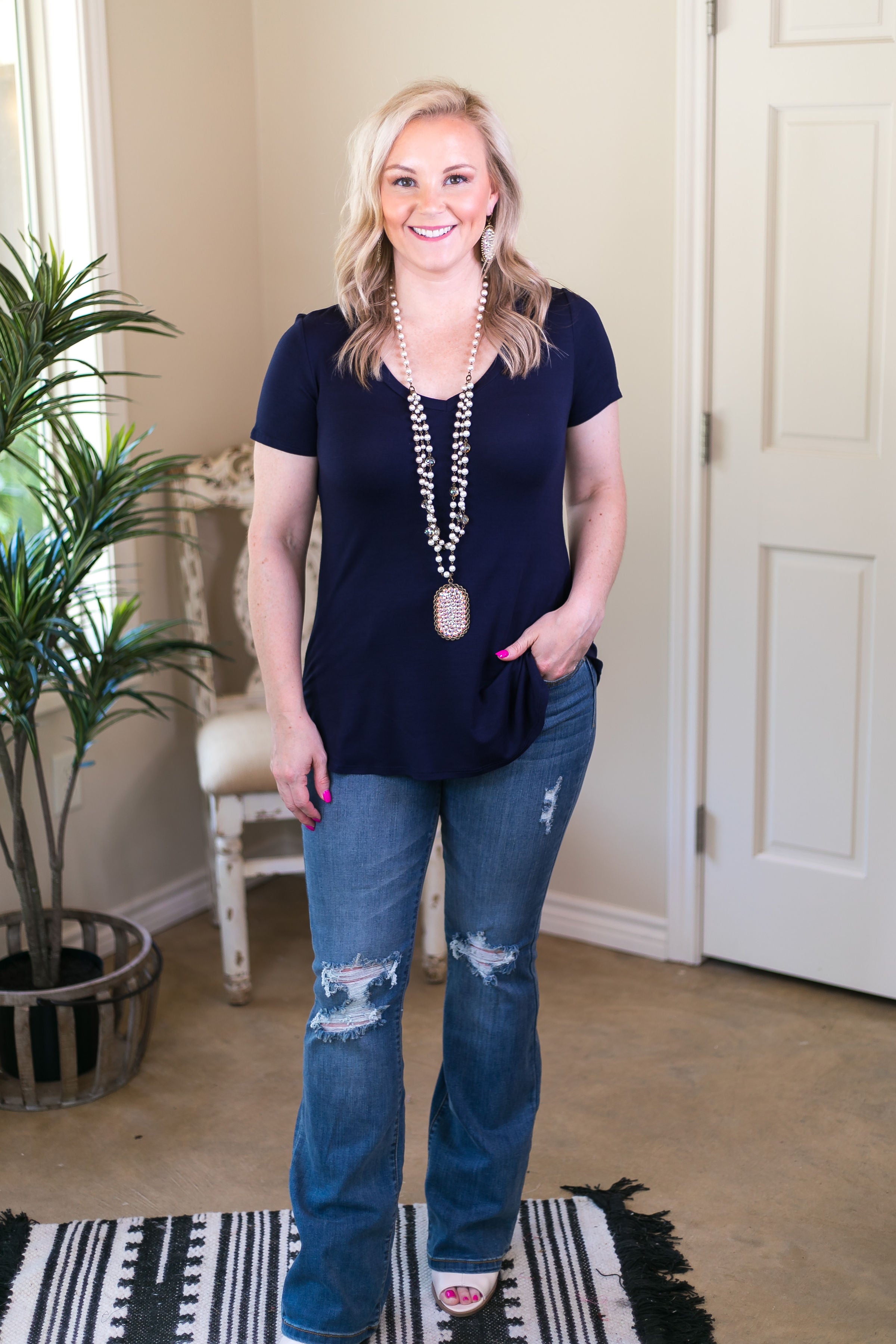 Simply The Best V Neck Short Sleeve Tee Shirt in Navy Blue - Giddy Up Glamour Boutique