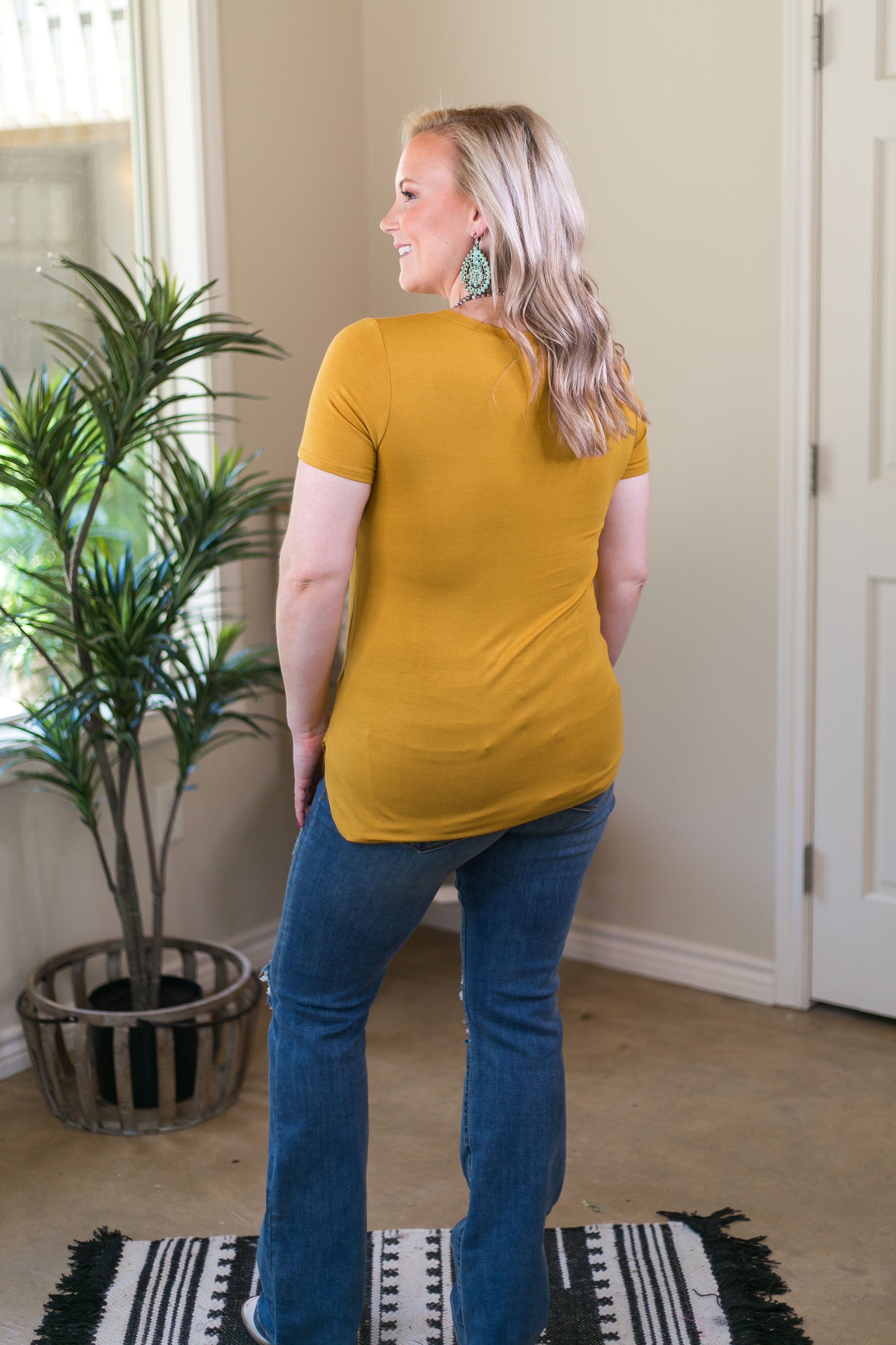 Simply The Best V Neck Short Sleeve Tee Shirt in Mustard Yellow - Giddy Up Glamour Boutique