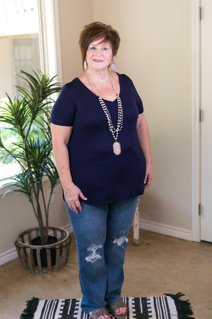 Simply The Best V Neck Short Sleeve Tee Shirt in Navy Blue - Giddy Up Glamour Boutique