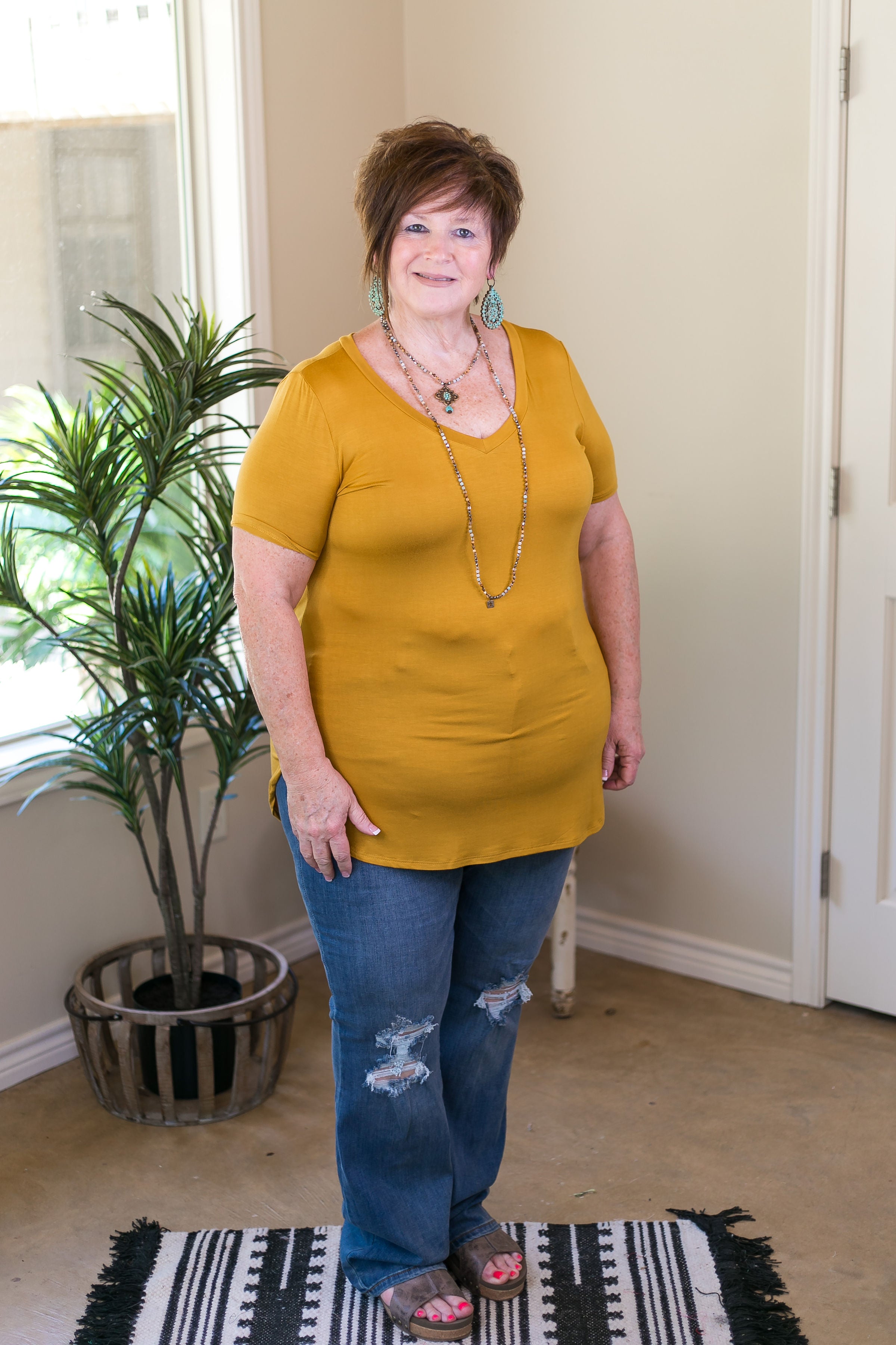 Simply The Best V Neck Short Sleeve Tee Shirt in Mustard Yellow - Giddy Up Glamour Boutique