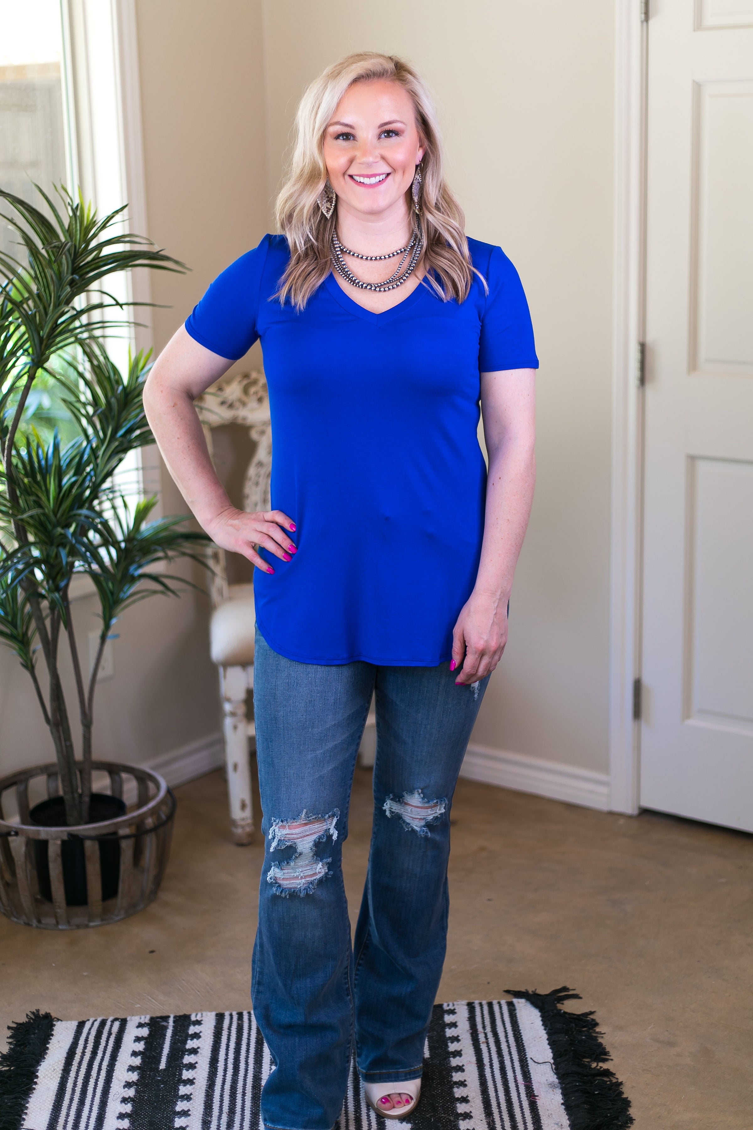 Last Chance Size 3XL | Simply The Best V Neck Short Sleeve Tee Shirt in Royal Blue - Giddy Up Glamour Boutique