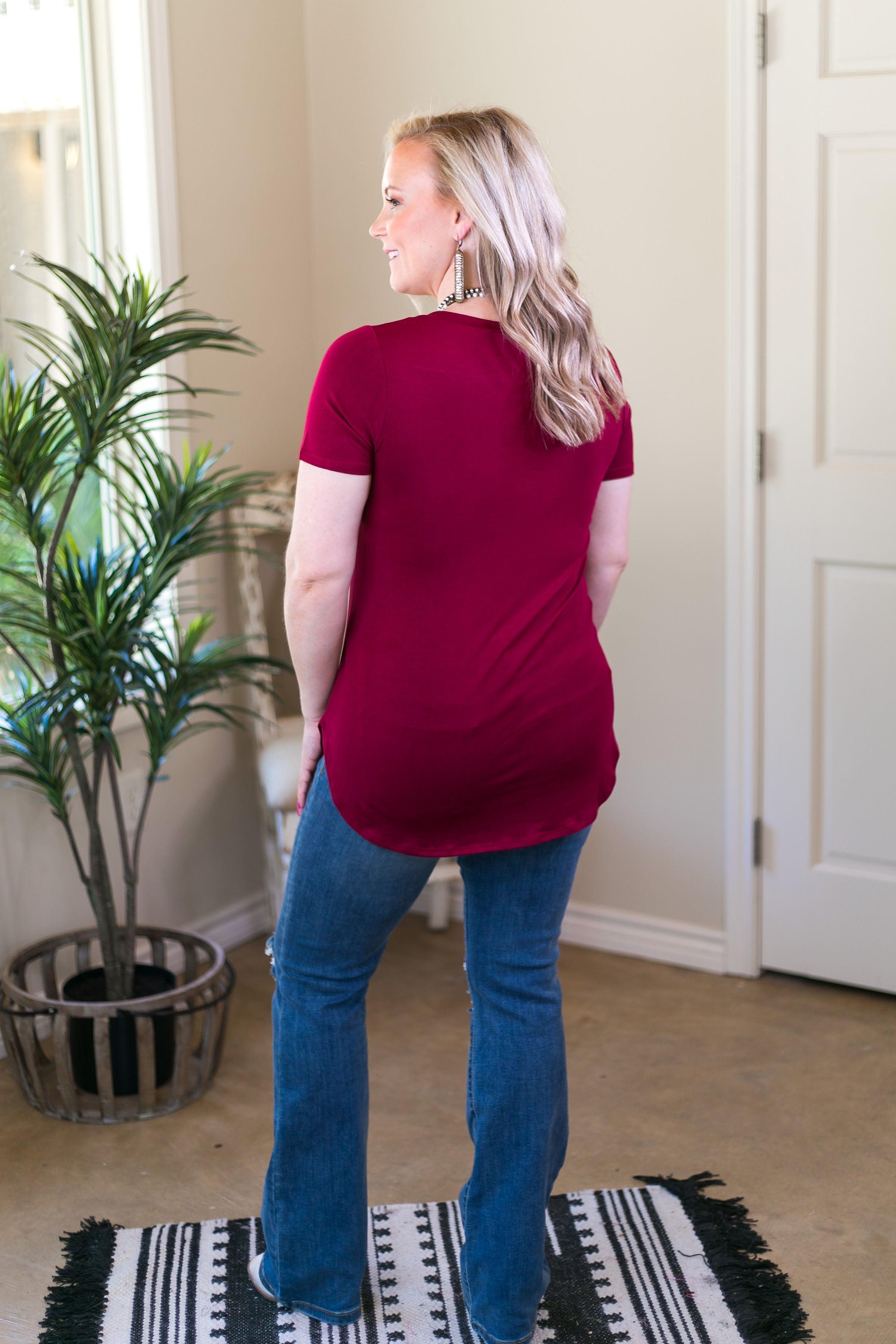 Simply The Best V Neck Short Sleeve Tee Shirt in Maroon - Giddy Up Glamour Boutique