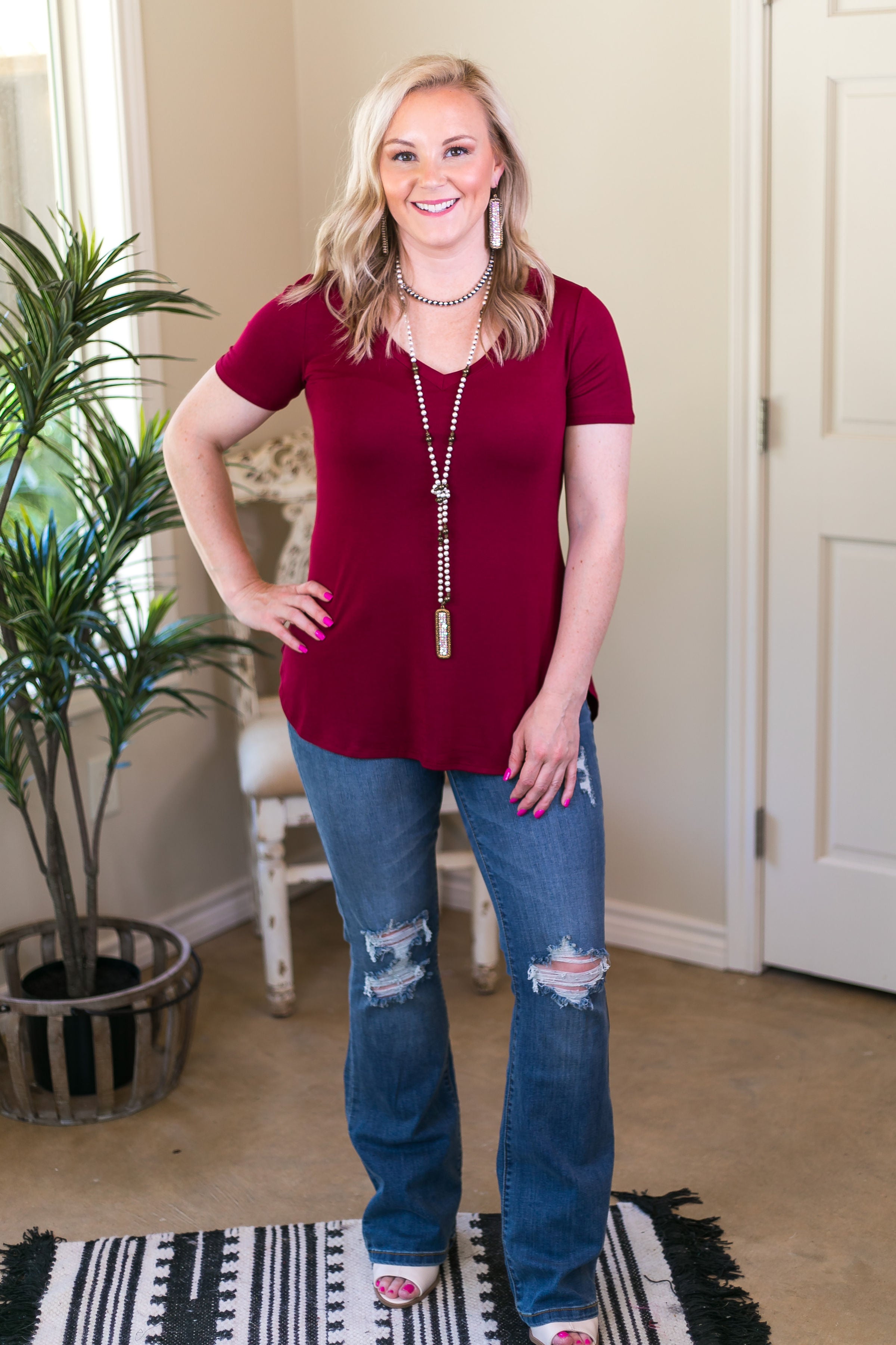 A.Gain solid simply the best Missy Curvy Plus Sizes Full Figured Fashion Plus Size boutique clothing shirt top blouse affordable short sleeve V neck vneck basic solid tee shirt tshirt maroon crimson 