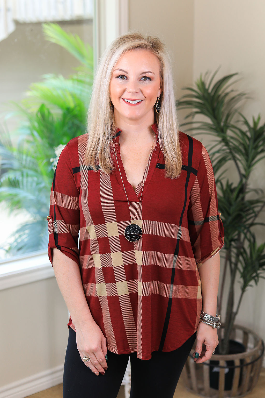 Last Chance Size Small & 3XL | Scenic Route Plaid Collared Tunic Top in Maroon - Giddy Up Glamour Boutique