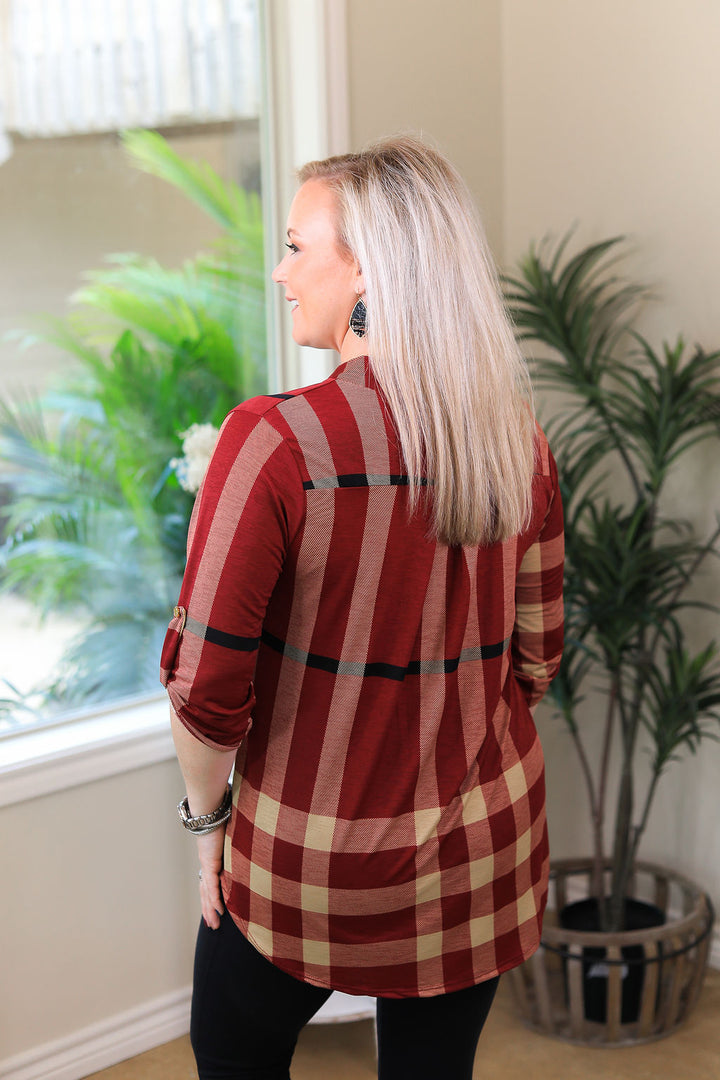 Last Chance Size Small & 3XL | Scenic Route Plaid Collared Tunic Top in Maroon - Giddy Up Glamour Boutique