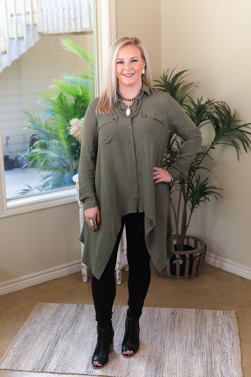 Last Chance Size S & M | Right Impression Linen Button Up Handkerchief Tunic in Olive Green - Giddy Up Glamour Boutique
