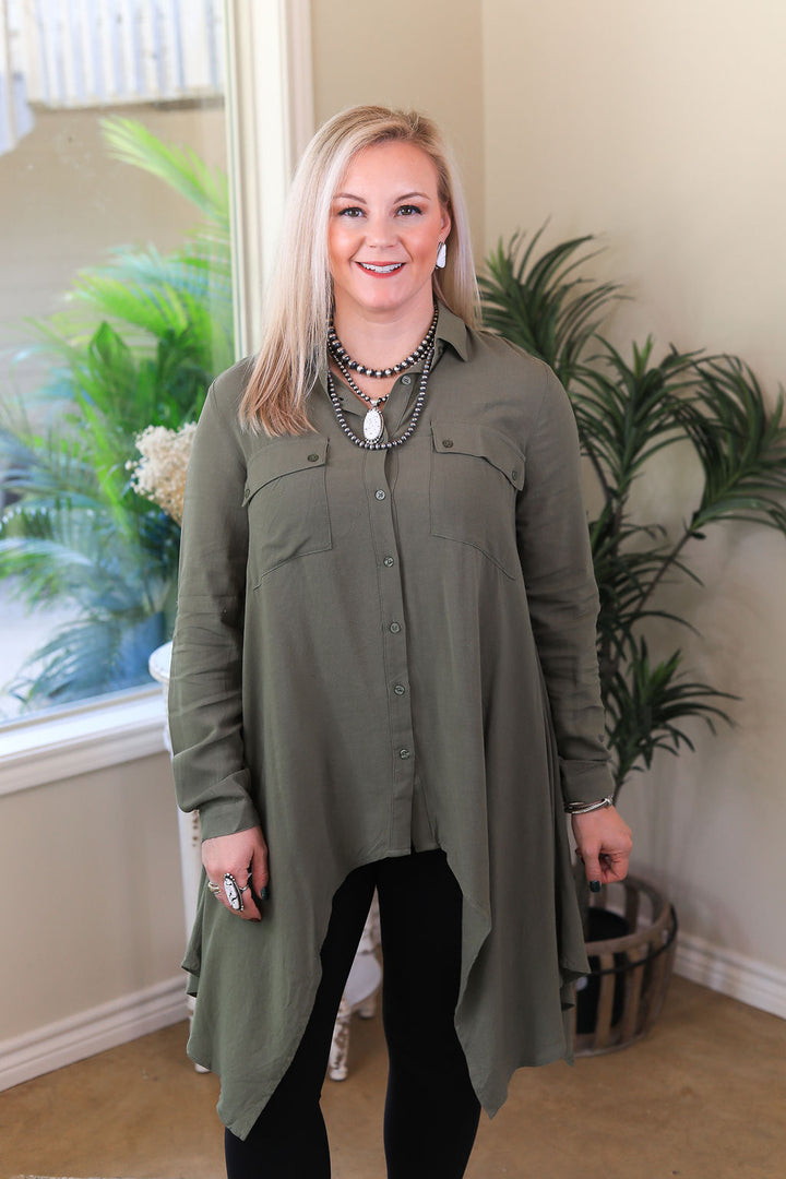 Last Chance Size S & M | Right Impression Linen Button Up Handkerchief Tunic in Olive Green - Giddy Up Glamour Boutique