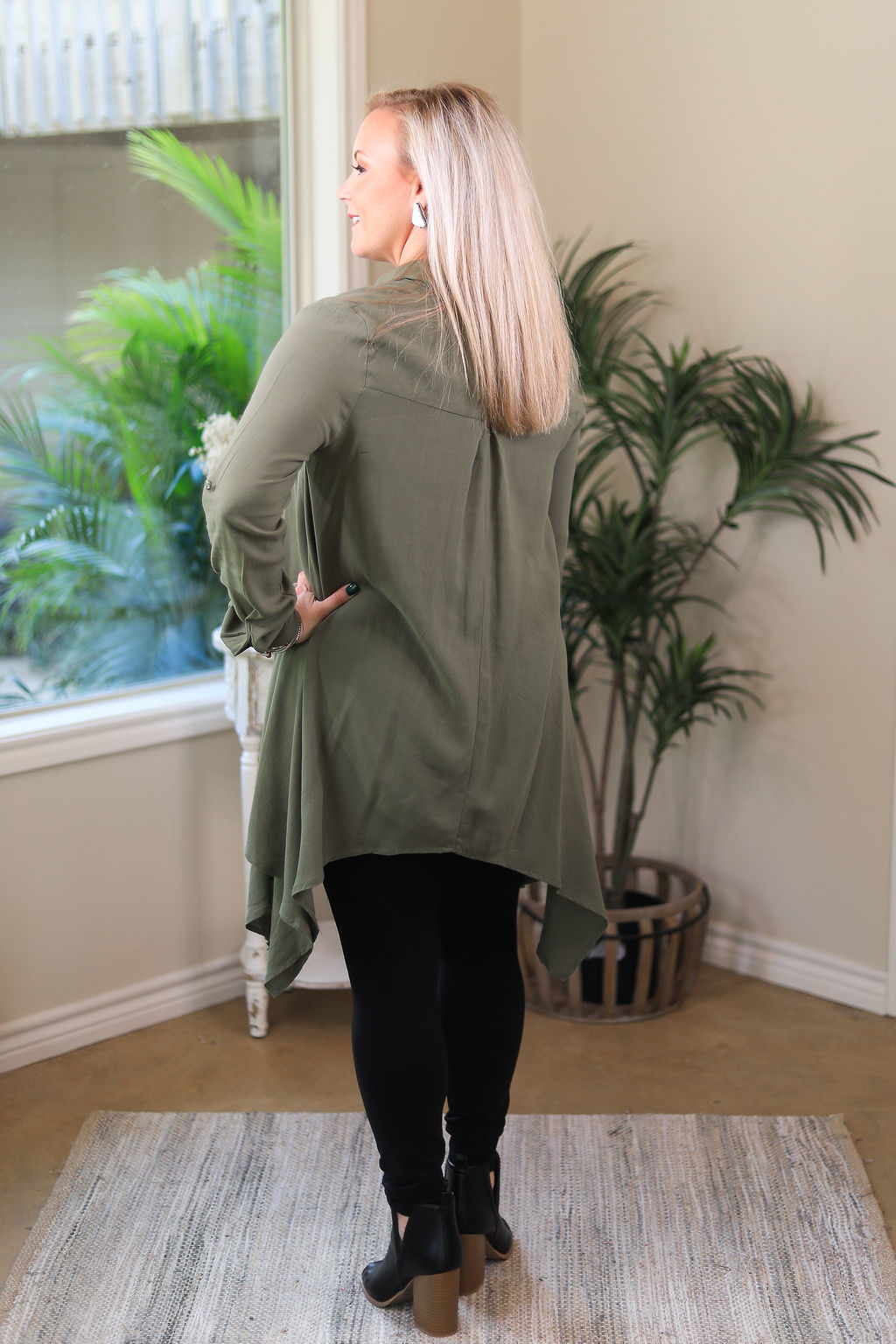 Last Chance Size S & M | Right Impression Linen Button Up Handkerchief Tunic in Olive Green - Giddy Up Glamour Boutique