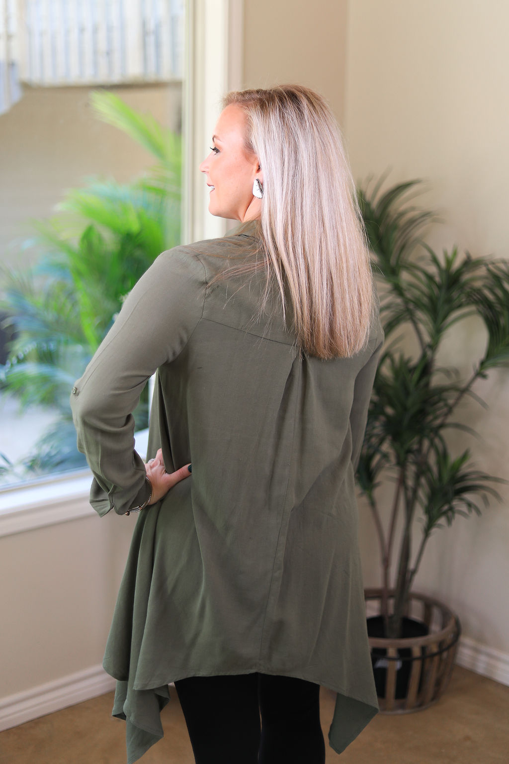 Last Chance Size S & M | Right Impression Linen Button Up Handkerchief Tunic in Olive Green - Giddy Up Glamour Boutique