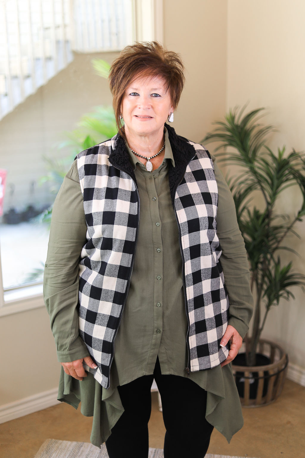 Meet Me In Aspen Buffalo Plaid Sherpa Lined Zip Up Vest in Black - Giddy Up Glamour Boutique