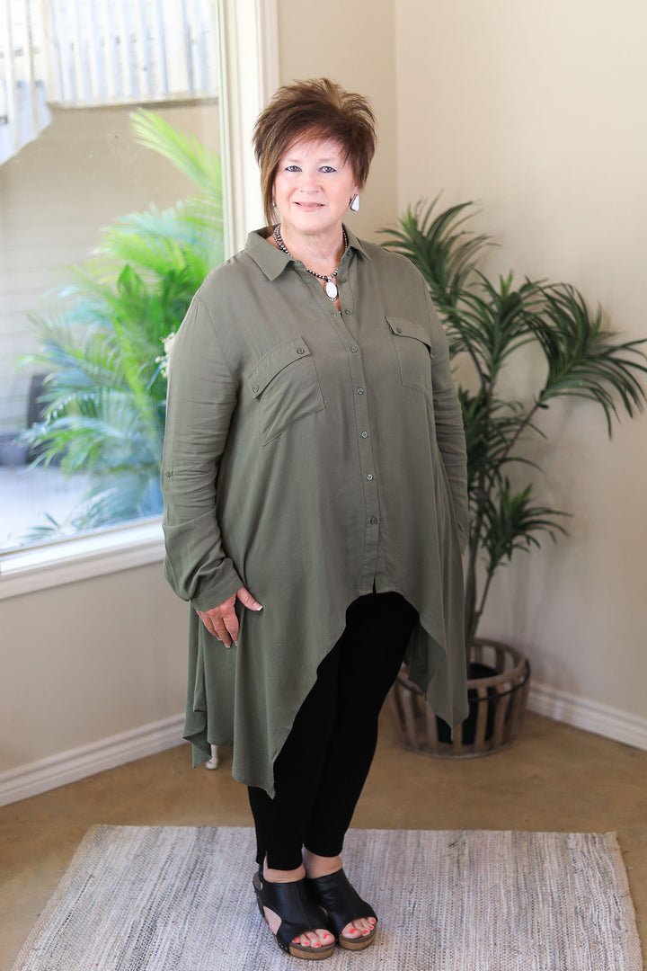 Last Chance Size S & M | Right Impression Linen Button Up Handkerchief Tunic in Olive Green - Giddy Up Glamour Boutique