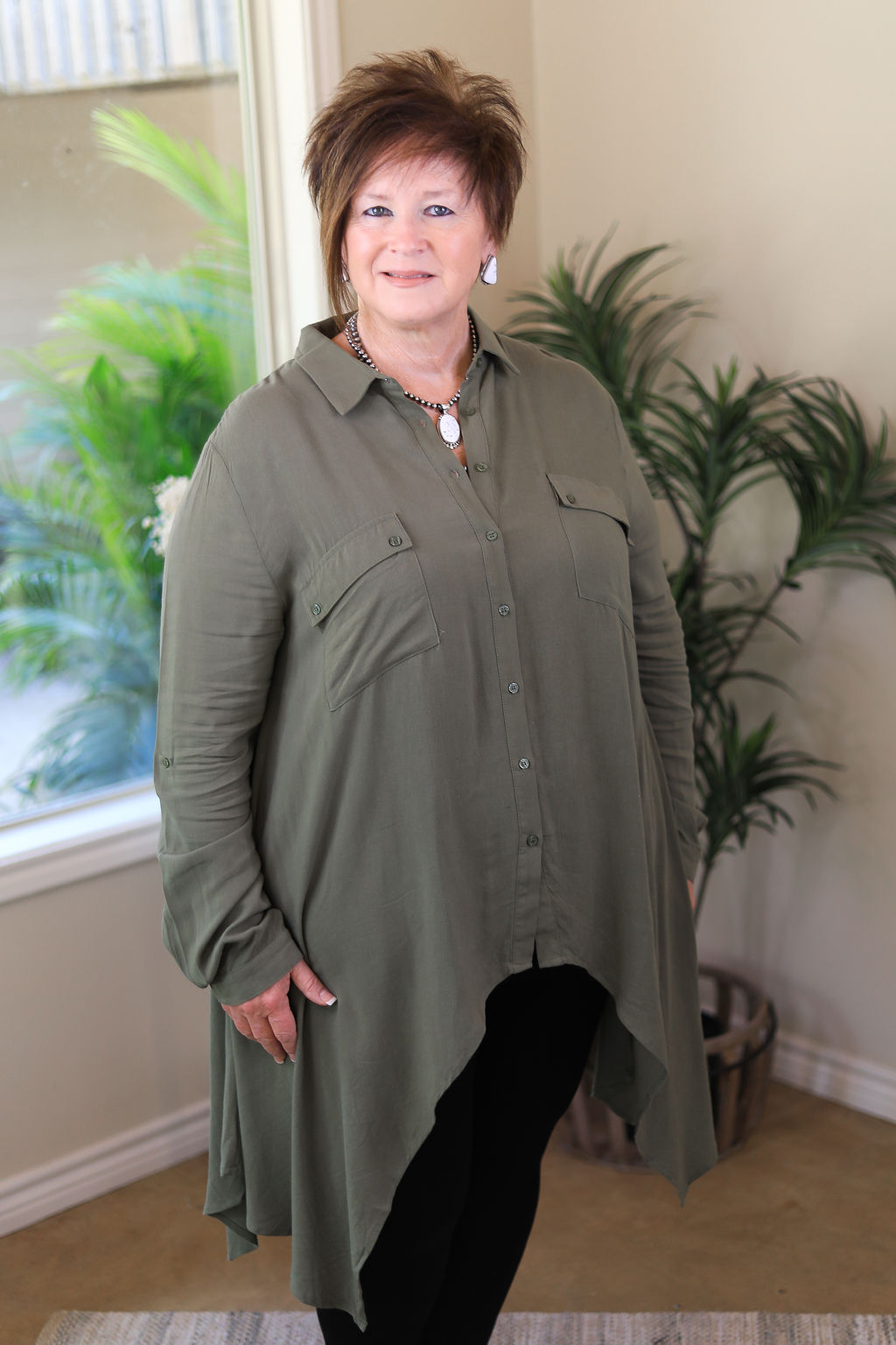 Last Chance Size S & M | Right Impression Linen Button Up Handkerchief Tunic in Olive Green - Giddy Up Glamour Boutique