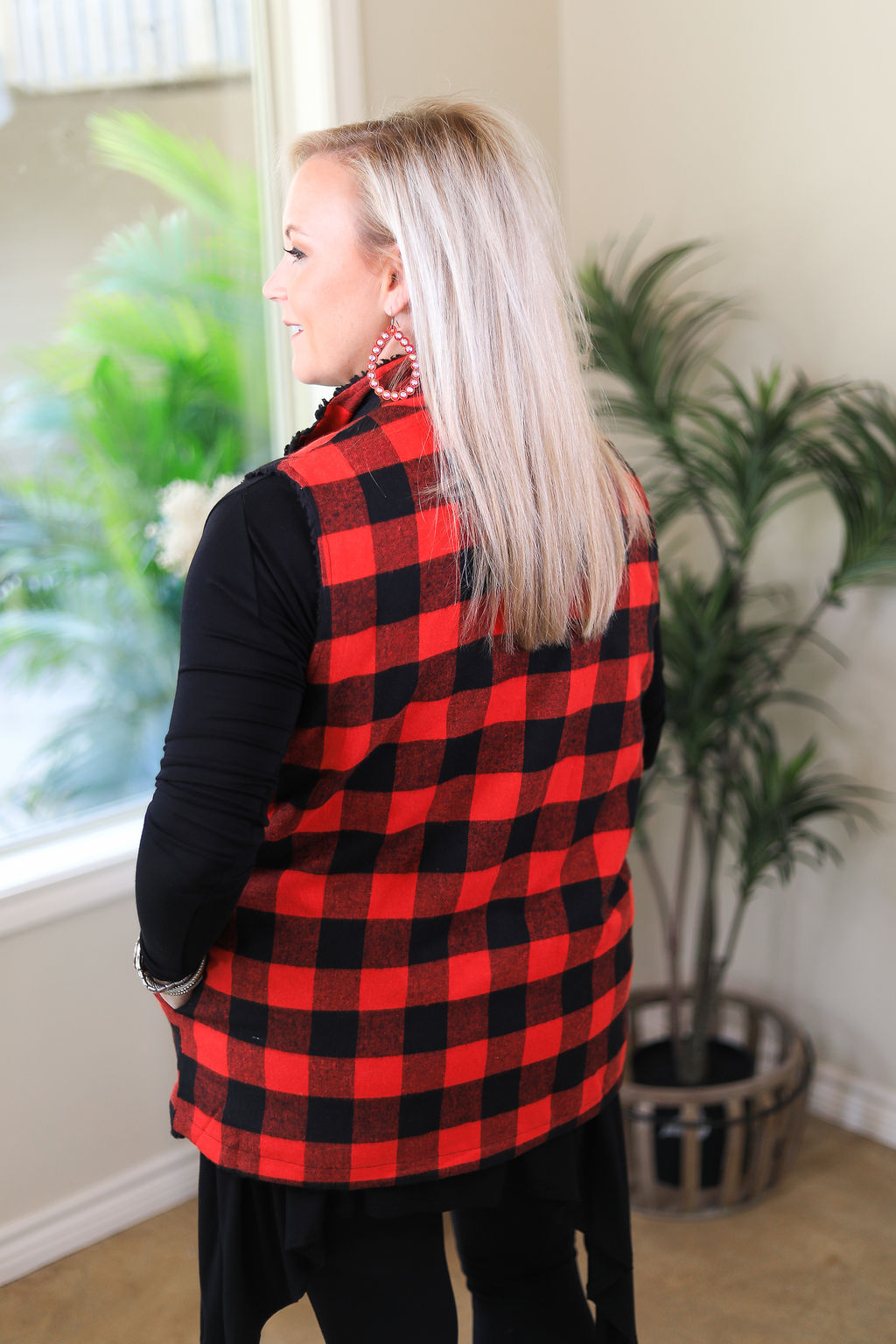 Meet Me In Aspen Buffalo Plaid Sherpa Lined Zip Up Vest in Red - Giddy Up Glamour Boutique
