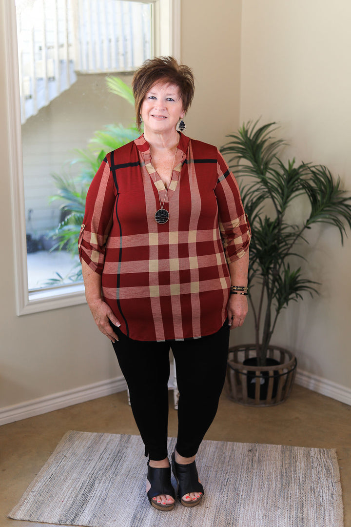 Last Chance Size Small & 3XL | Scenic Route Plaid Collared Tunic Top in Maroon - Giddy Up Glamour Boutique