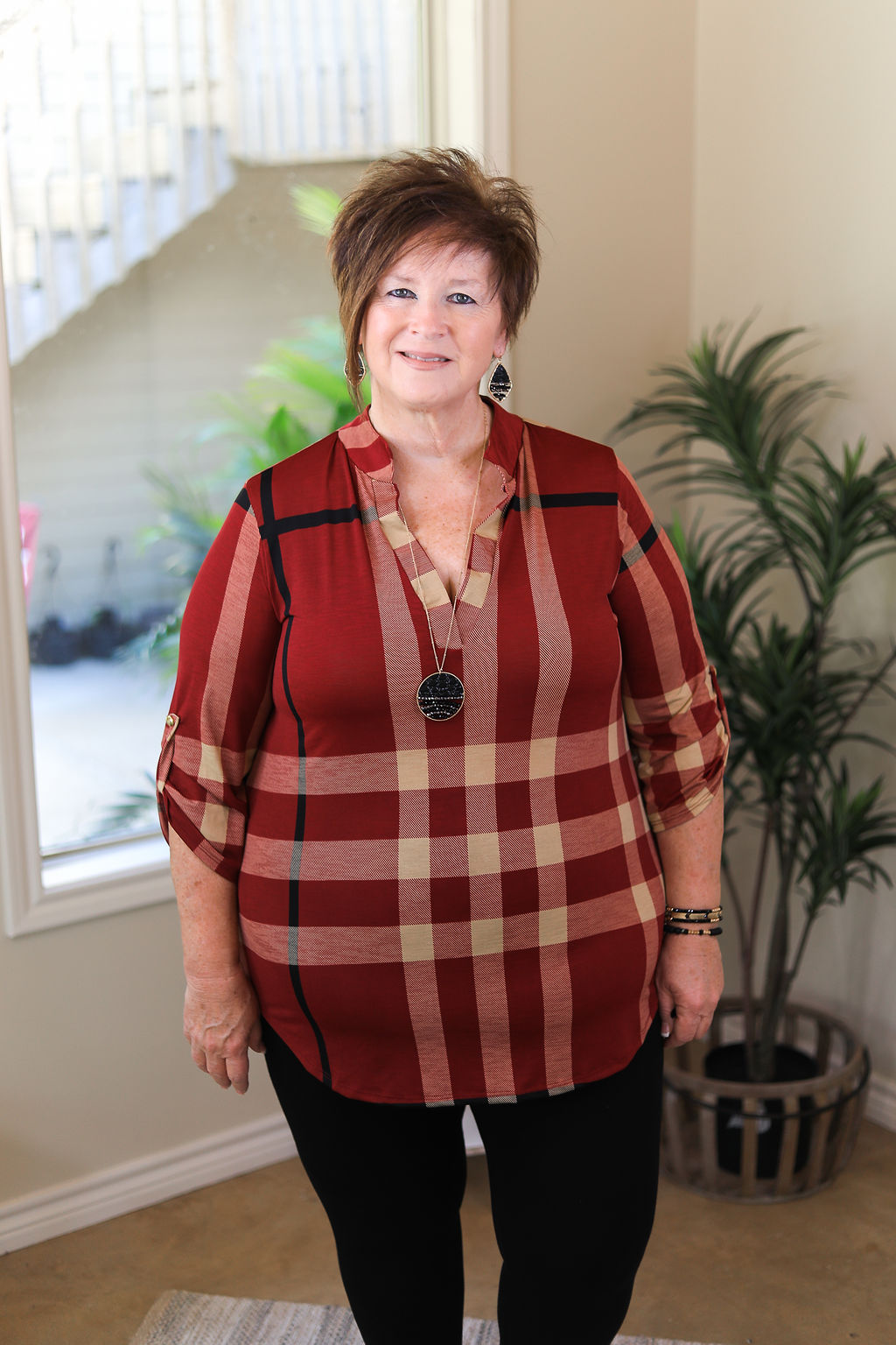 Last Chance Size Small & 3XL | Scenic Route Plaid Collared Tunic Top in Maroon - Giddy Up Glamour Boutique