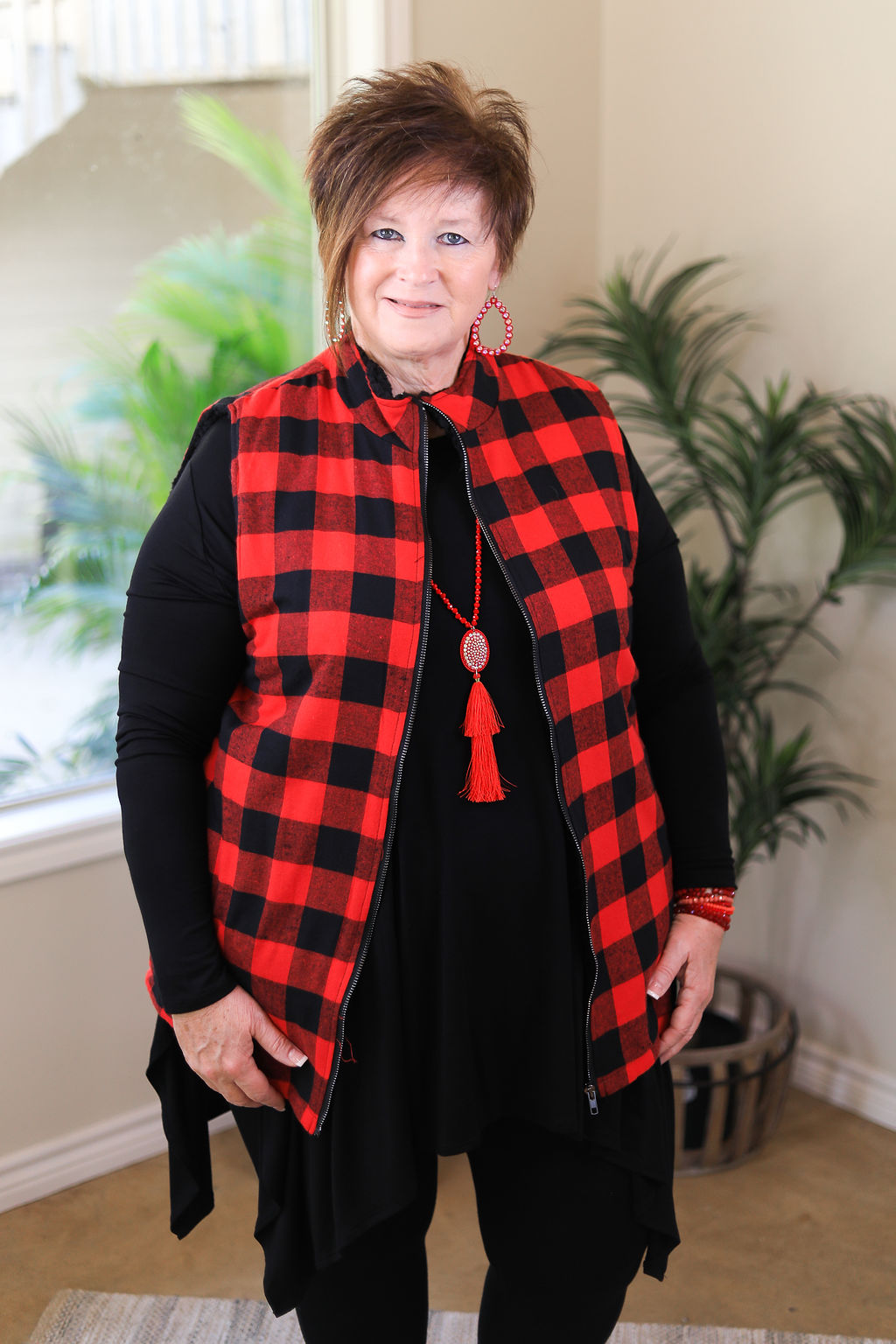 Meet Me In Aspen Buffalo Plaid Sherpa Lined Zip Up Vest in Red - Giddy Up Glamour Boutique