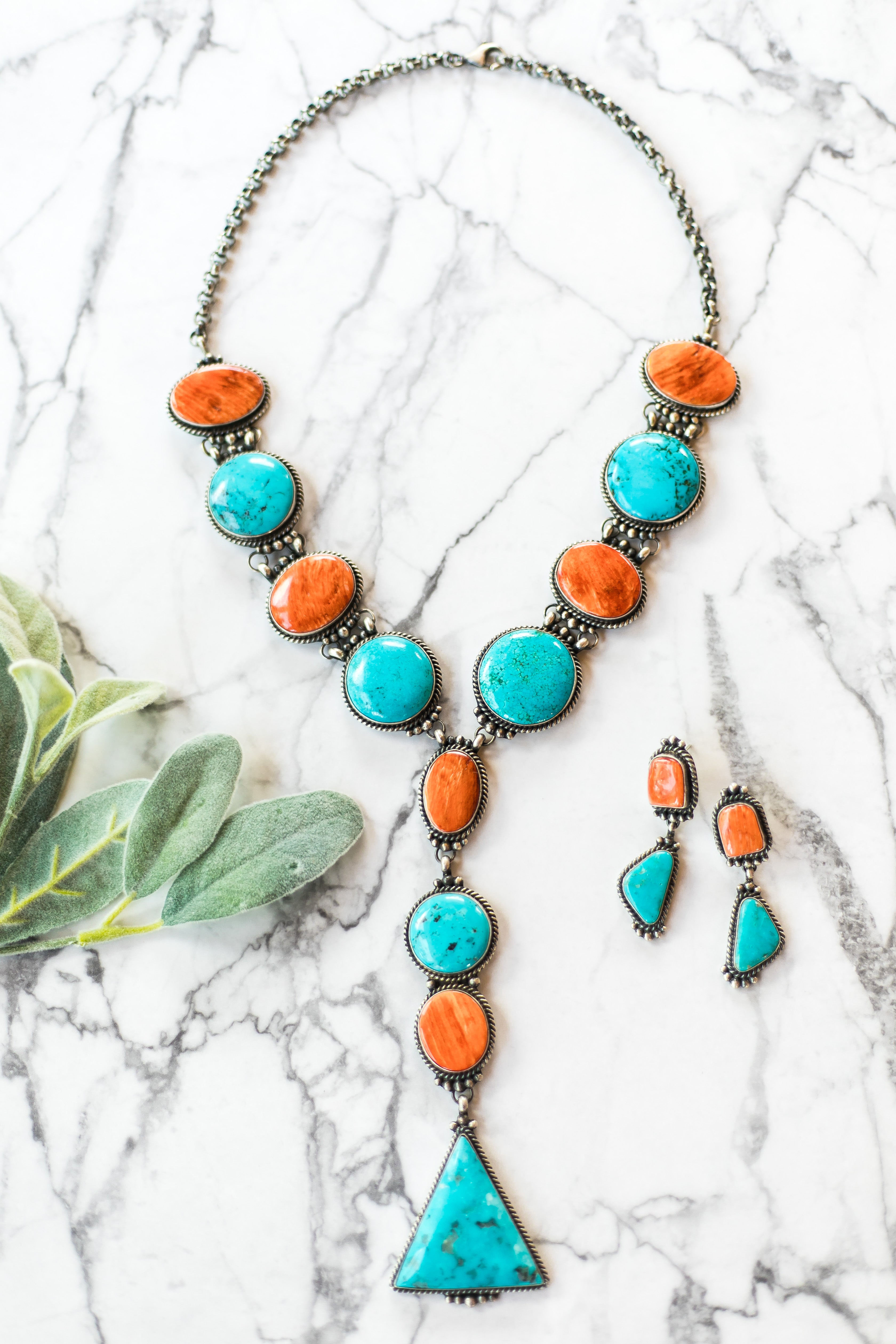 Marie Bahe | Navajo Handmade Spiny Oyster & Kingman Turquoise Lariat Necklace + Matching Earrings