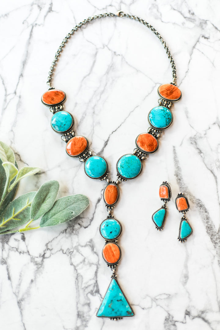 Marie Bahe | Navajo Handmade Spiny Oyster & Kingman Turquoise Lariat Necklace + Matching Earrings - Giddy Up Glamour Boutique