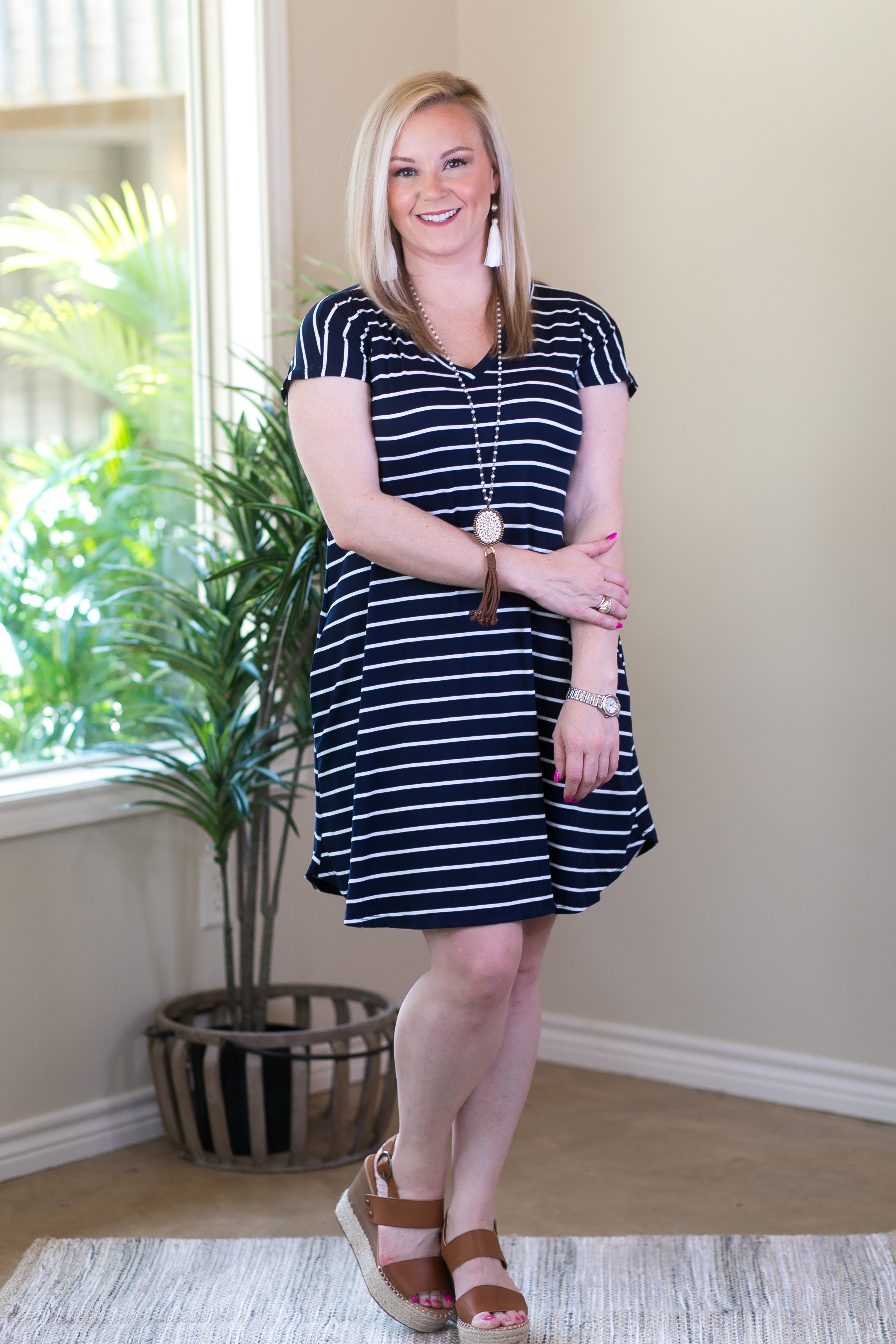 Beyond Reason Stripe Tee Shirt Dress in Navy Blue - Giddy Up Glamour Boutique