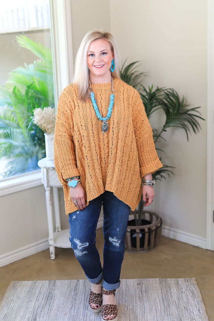 On My Level Chenille Cable Knit Pullover Sweater in Mustard Yellow - Giddy Up Glamour Boutique