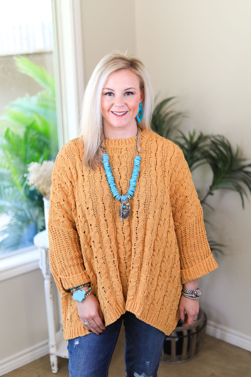 On My Level Chenille Cable Knit Pullover Sweater in Mustard Yellow - Giddy Up Glamour Boutique
